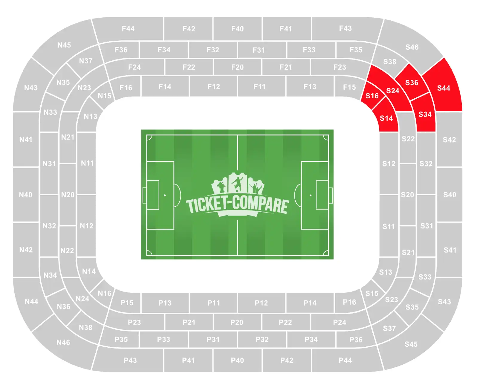 Ramón Sánchez Pizjuán Stadium Seating Plan with S14, S16, S24, S34, S36 and S44 Blocks highlighted